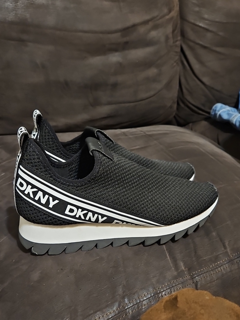 DKNY Black Knit Slip-On Athletic Sneakers with White Accents
